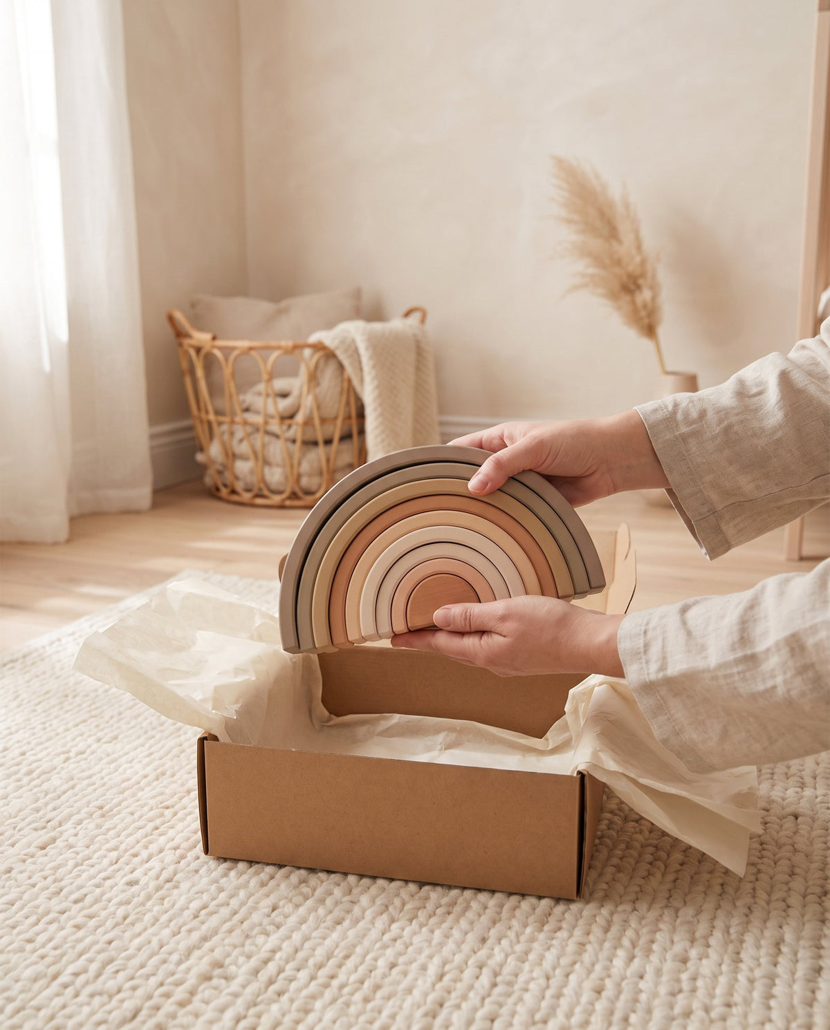 Hands lifting a wooden rainbow stacker out of a kraft box