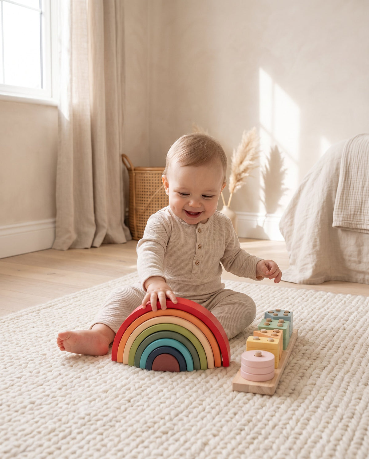 A baby on a cream rug reaching for a wooden rainbow stacker