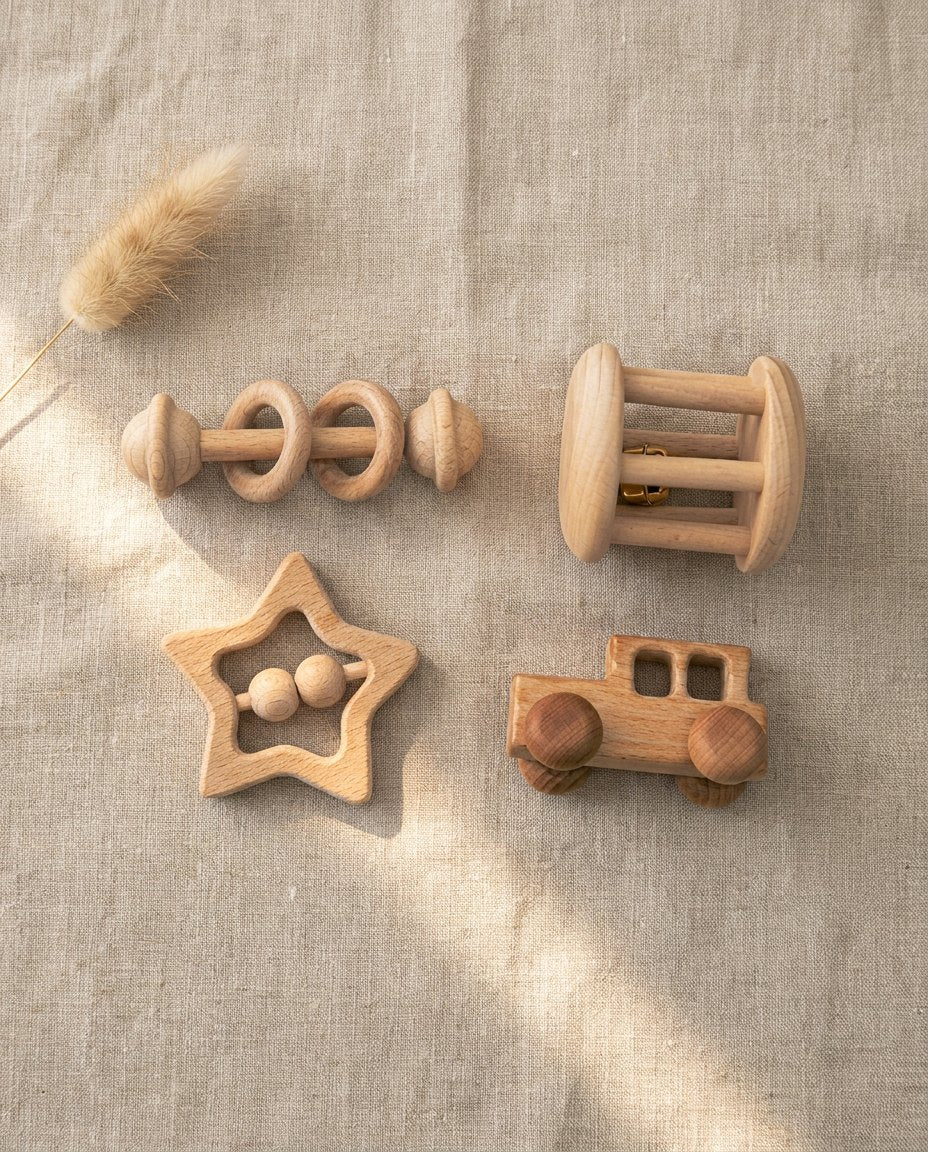 Wooden rattles laid out on linen