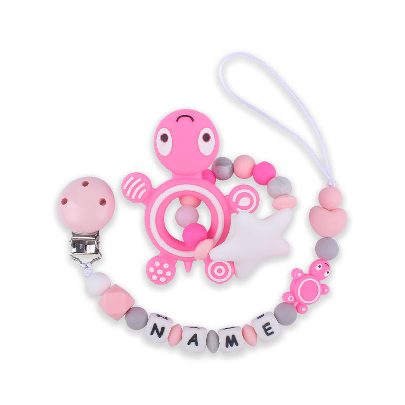 Silicone turtle teether pacifier clip pink