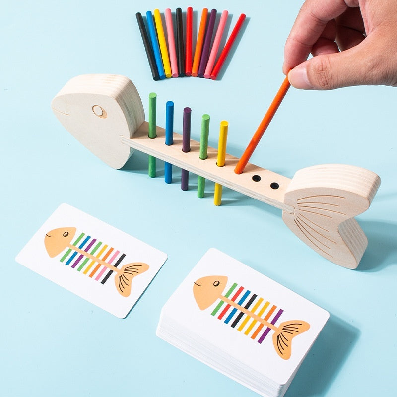 Wooden fishbone color sorting game child matching sticks to a pattern card