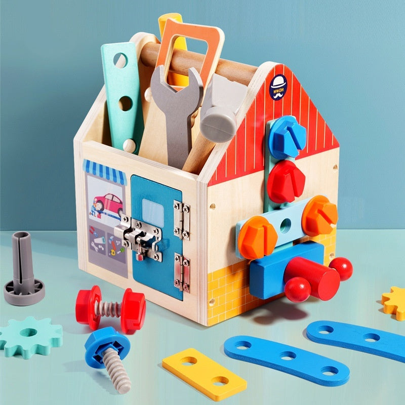 Wooden Montessori busy toolbox with bolts, gears and tools