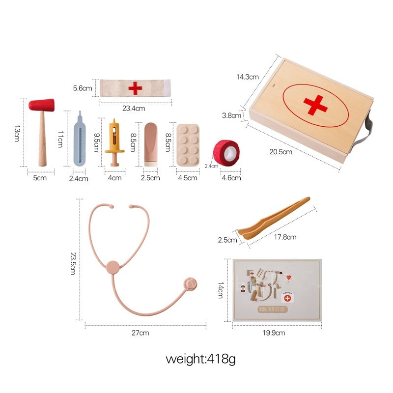 Wooden doctor kit with wooden case size chart