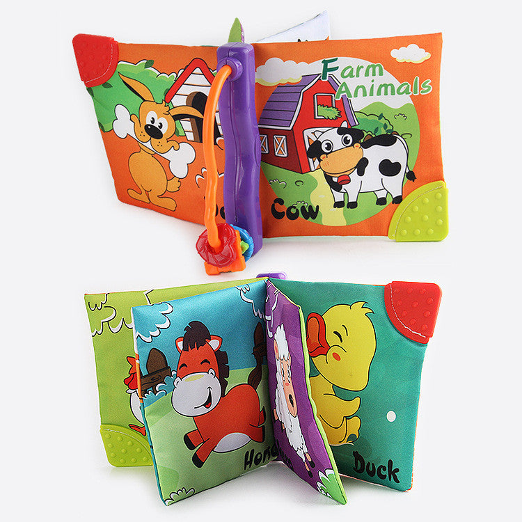 Teether cloth book with rattle, farm animals pages
