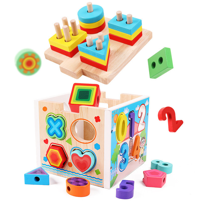 Wooden shape, number and lacing cube with lid and peg stacking board