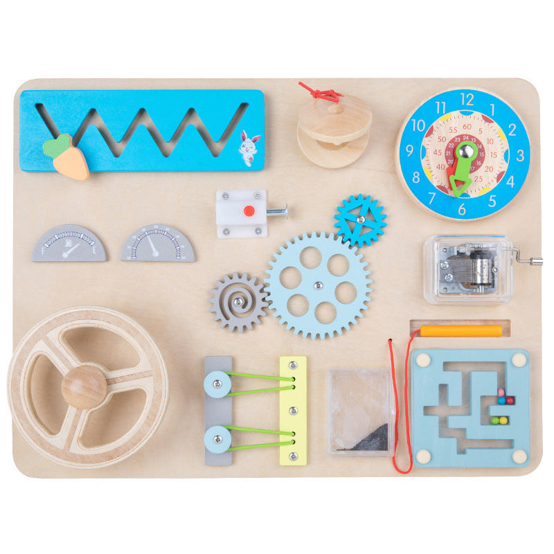 Wooden activity busy board with music box, clock and gears