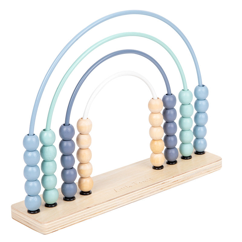 Blue wooden rainbow counting abacus on white background