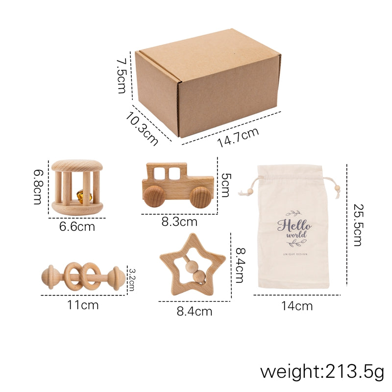Truck and star wooden rattle set with gift box and bag