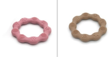 Silicone textured ring teether pair in pink and khaki