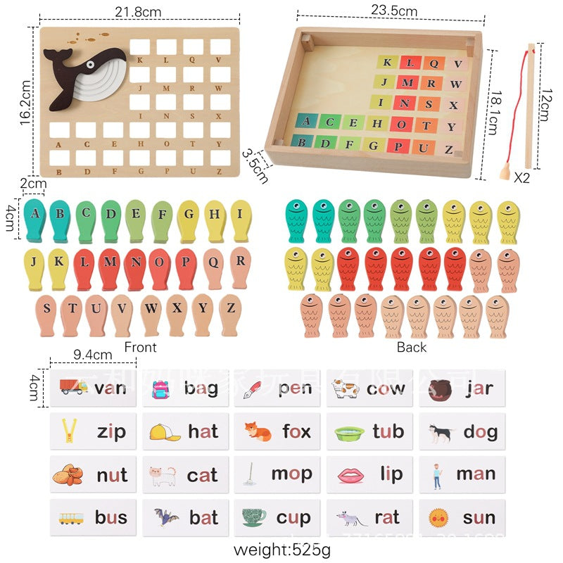 Wooden alphabet fishing game pieces and sizes