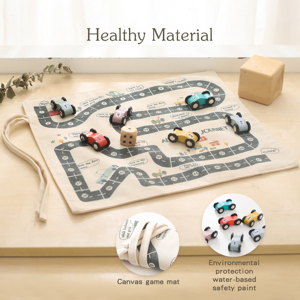 Canvas race track mat with wooden cars