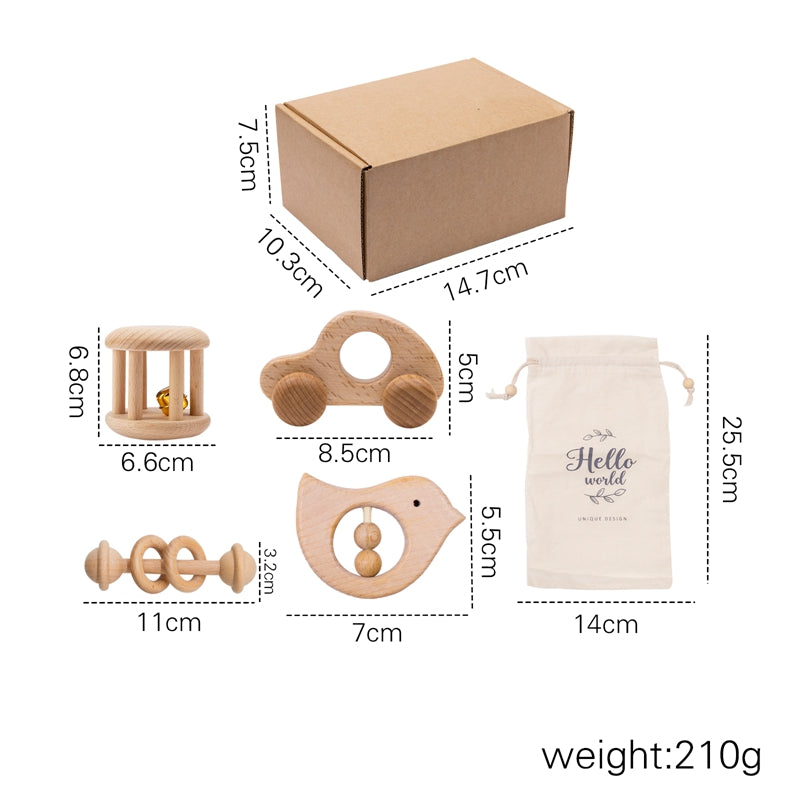 Car and bird wooden rattle set with gift box and bag