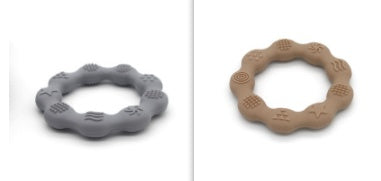 Silicone textured ring teether pair in grey and khaki
