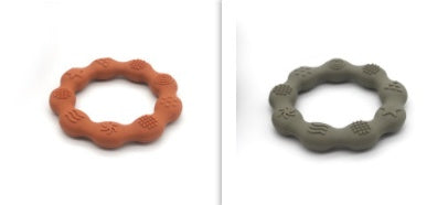 Silicone textured ring teether pair in orange and sage green