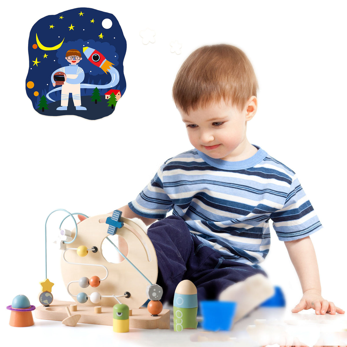 Child playing with a wooden space bead maze