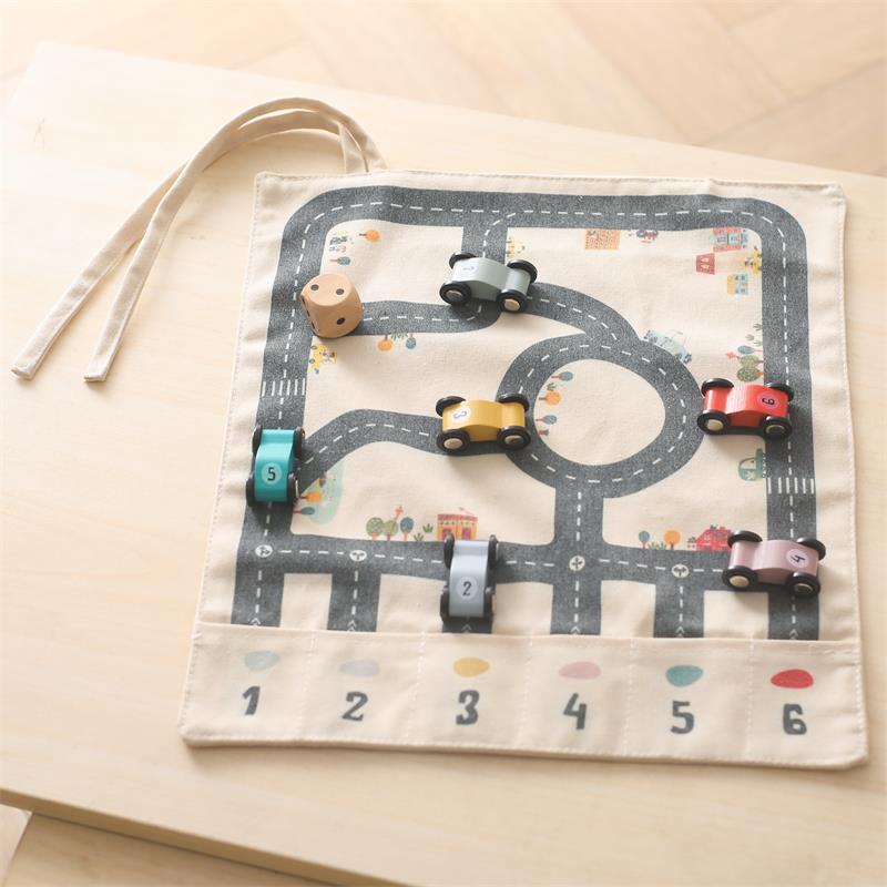 Canvas road mat with wooden race cars and die