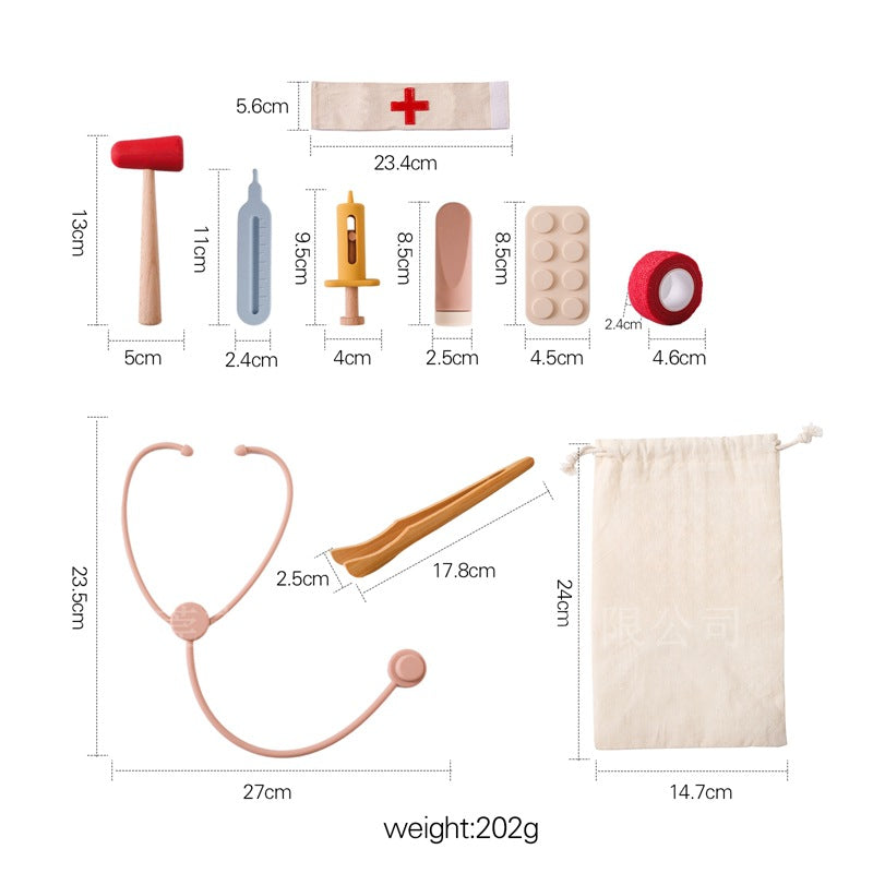 Wooden doctor kit with cotton bag size chart