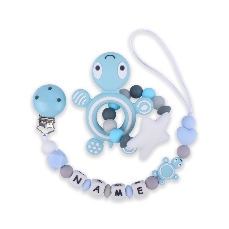 Silicone turtle teether pacifier clip light blue