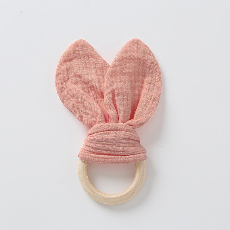 Dusty rose muslin bunny ear teether ring