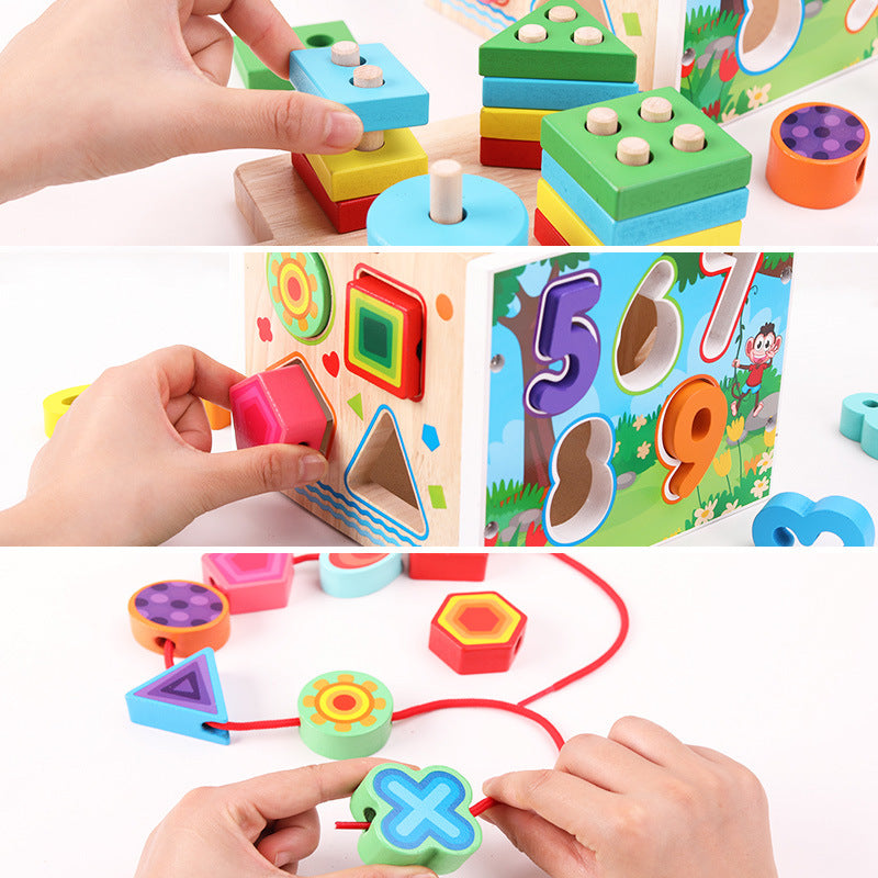 Wooden shape, number and lacing cube child stacking, sorting and lacing