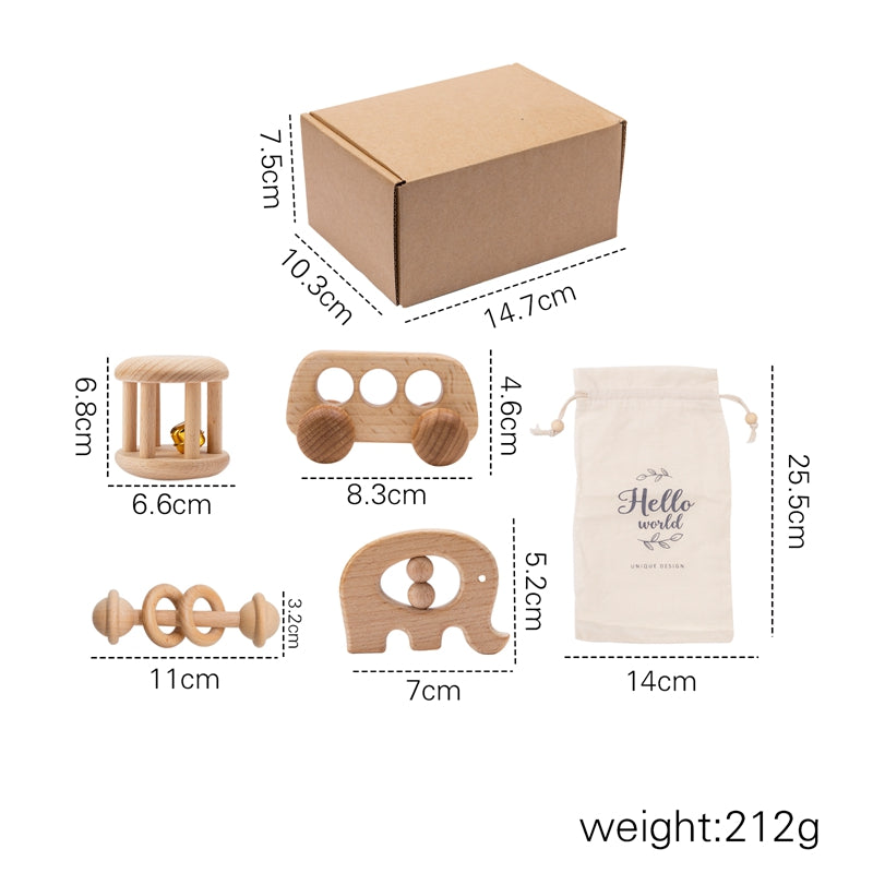 Bus and elephant wooden rattle set with gift box and bag