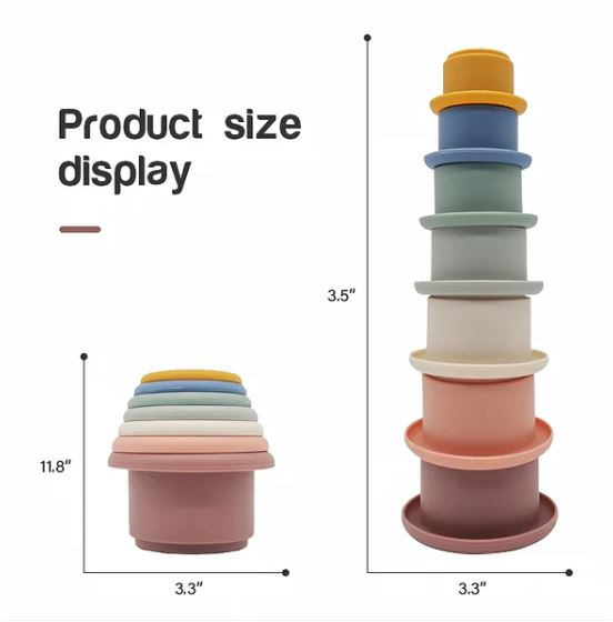 Discover the Montessori Silicone Stacking Cups at BubeBaby. Made from durable ABS, these versatile cups are perfect for beach, bath, and indoor play. Packaged in a net bag, they offer endless fun . Ideal for sensory play and skill development